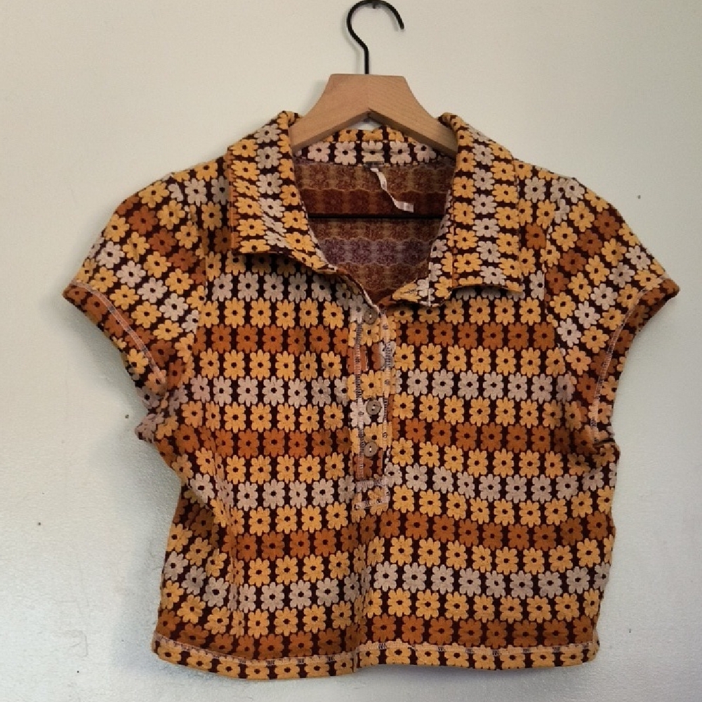 Free People Babe Town Polo 70's Style Floral Rust Orange Mustard Yellow Crop Top